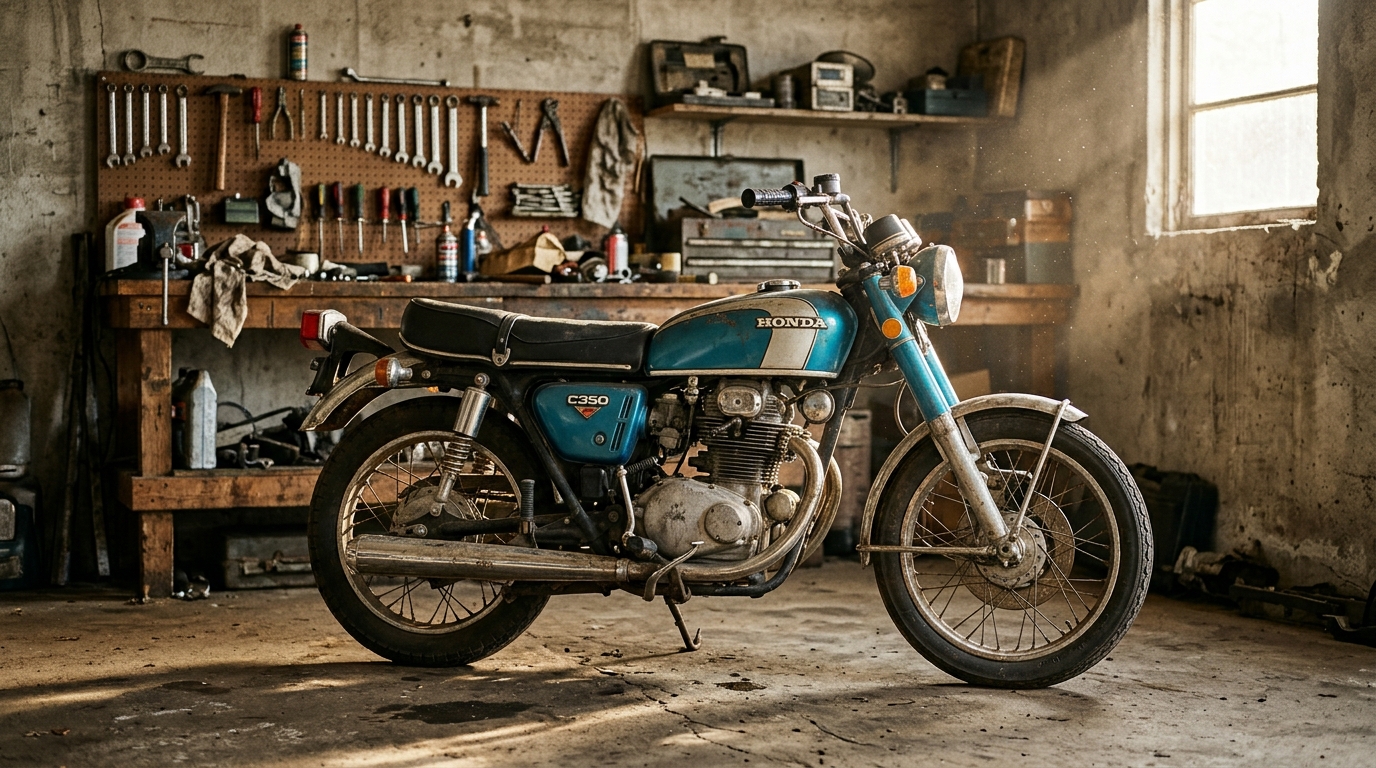 Moto ancienne quatre cylindres des années 1970 dans un garage, échappements chromés