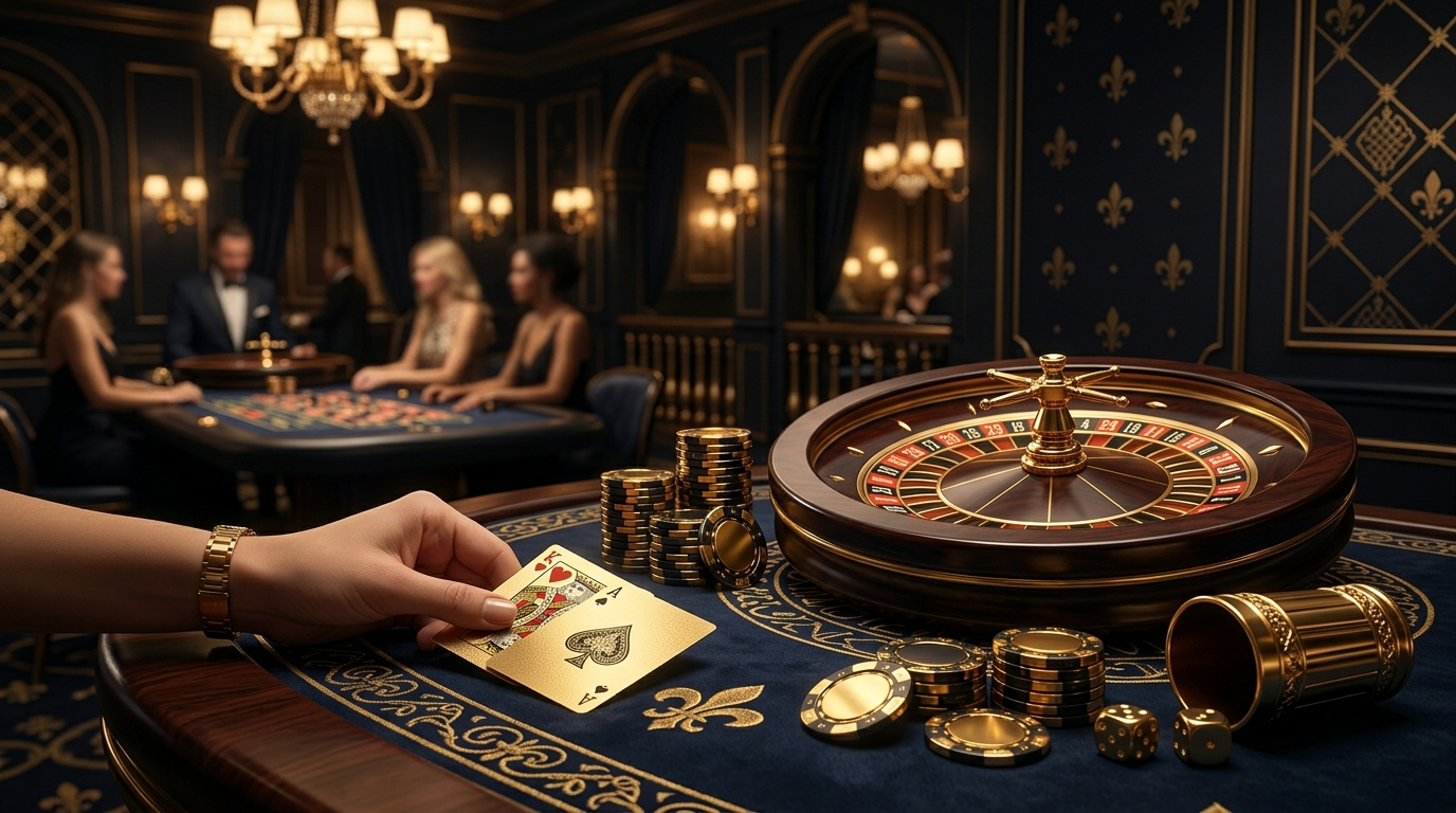 Bonus casino 2026 - table de casino élégante avec jetons dorés sur fond sombre