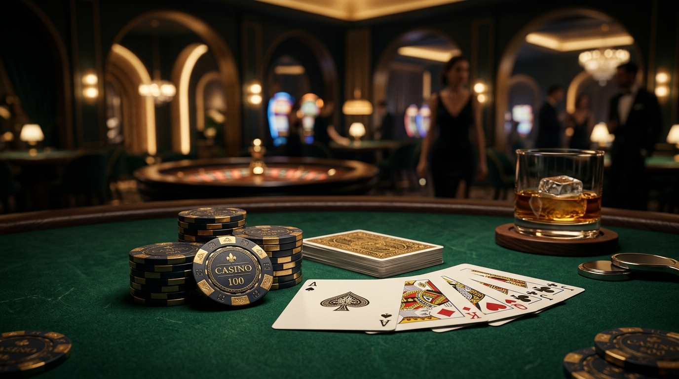 Bonus casino 2026 - table de casino élégante avec jetons dorés sur fond sombre