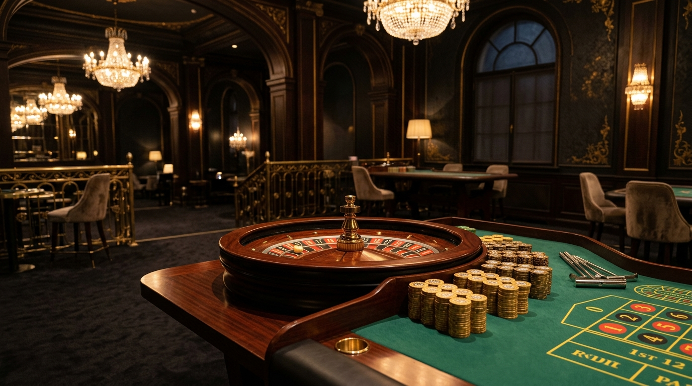 Bonus casino 2026 - table de casino élégante avec jetons dorés sur fond sombre