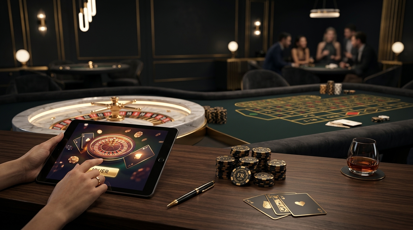 Bonus casino 2026 - table de casino élégante avec jetons dorés sur fond sombre
