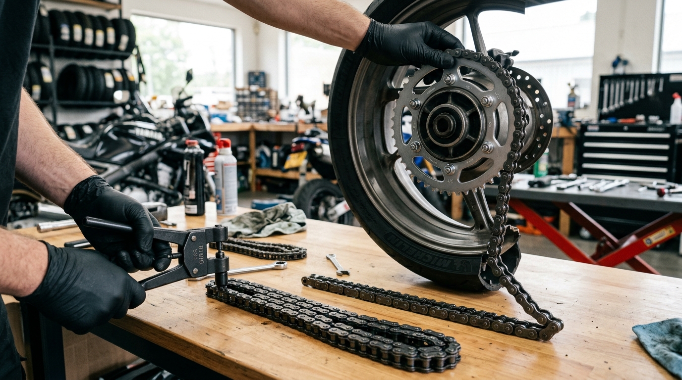Changer kit chaîne moto : couronne, chaîne neuve et riveteuse sur un établi d'atelier