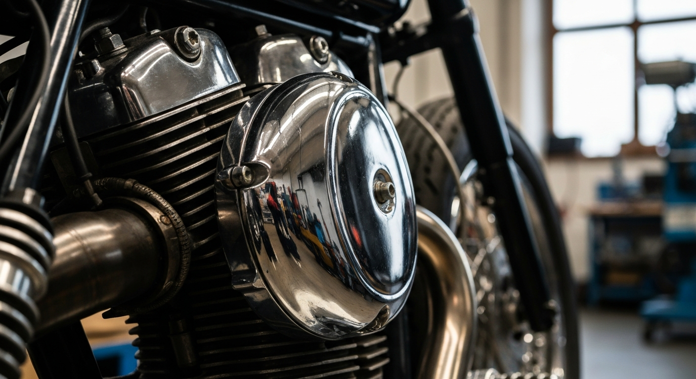 Chromage pièces moto : finition miroir sur un moteur café racer