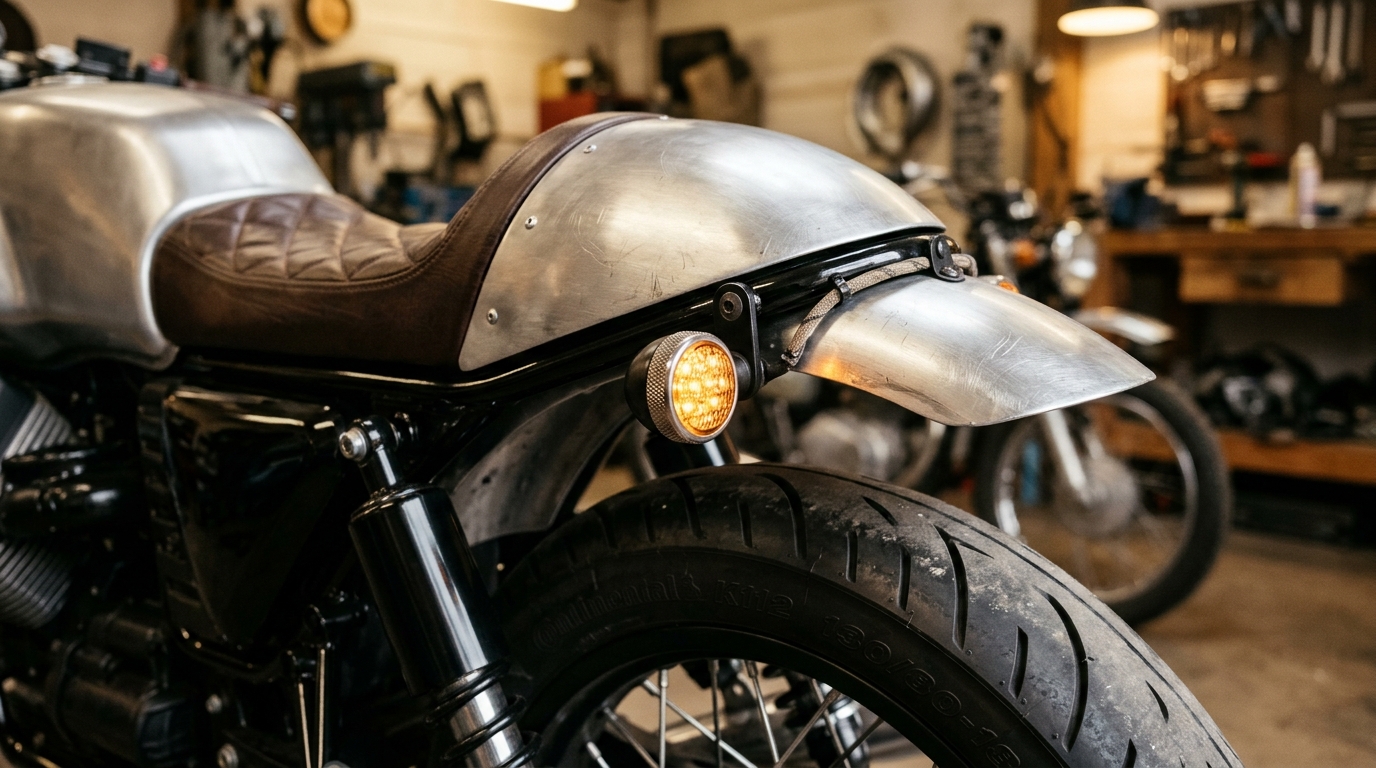 Clignotant LED ambré monté sur le garde-boue arrière d'un café racer dans un atelier