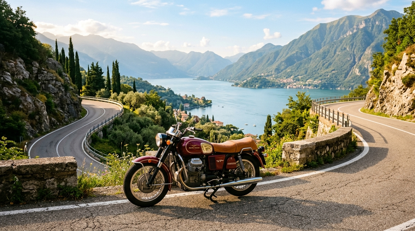 Moto Guzzi classique sur une route de montagne au-dessus du lac de Côme