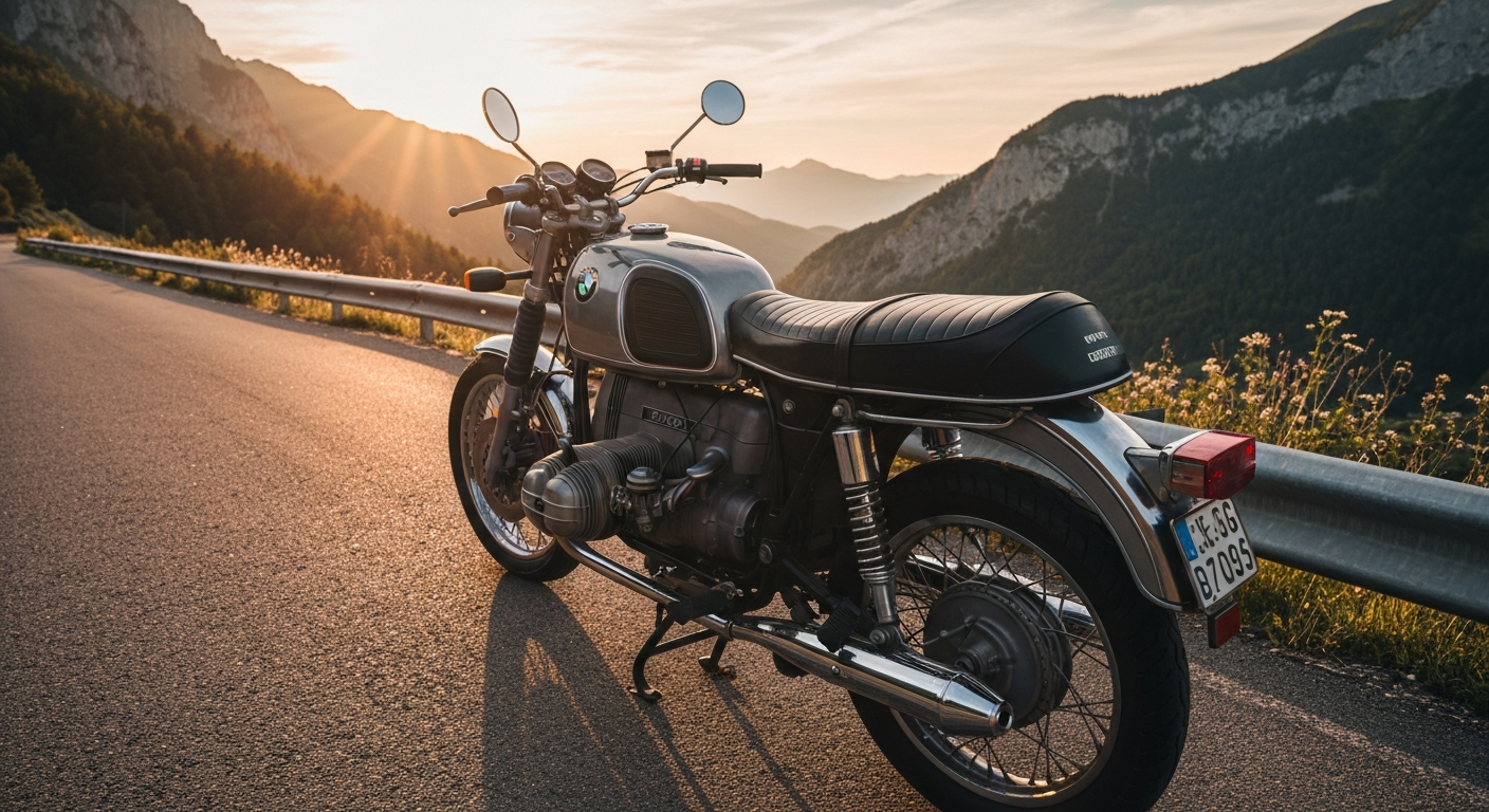 Marques moto légendaires - moto classique sur une route de montagne au coucher du soleil