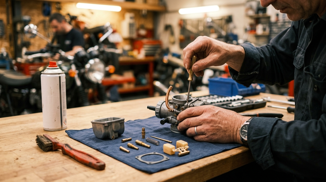 Nettoyer carburateur moto : cuve ouverte et gicleurs démontés sur un établi d'atelier