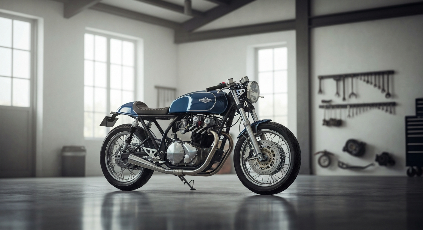 Peinture moto custom : café racer en cours de peinture dans un atelier