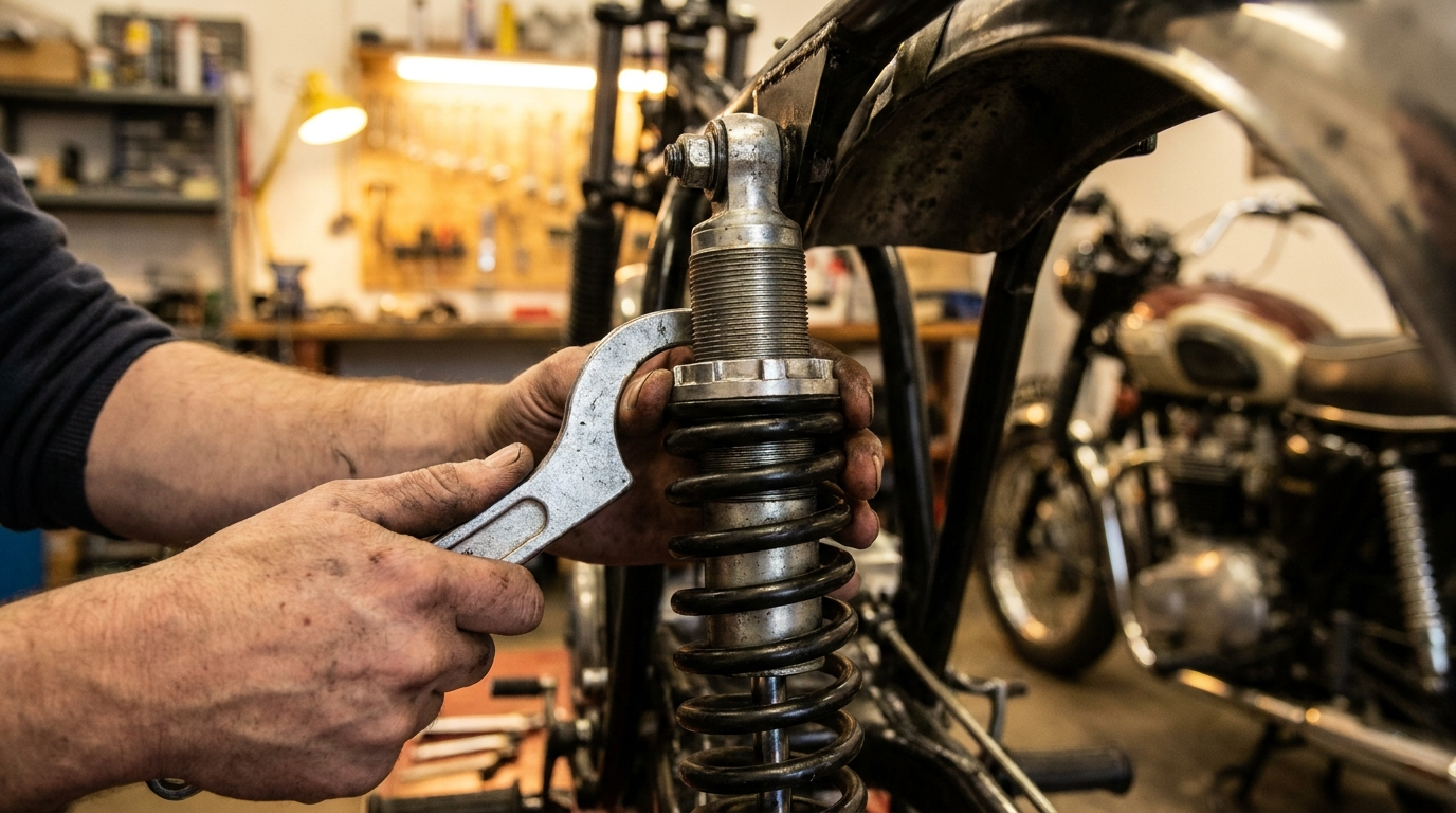 Mécanicien réglant la bague de précontrainte d'un amortisseur arrière de moto à l'atelier