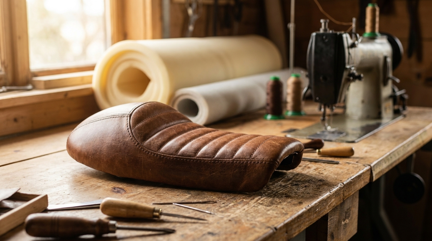 Sellerie moto sur mesure : selle café racer en cuir cousue main posée sur un établi d'atelier